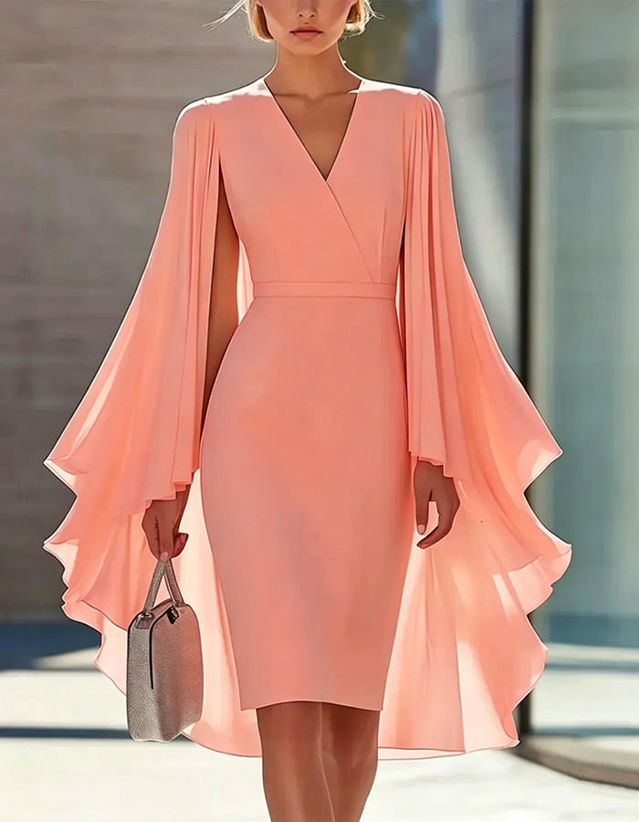 Solid Color Cape Style Waist-Defining Knee-Length Dress