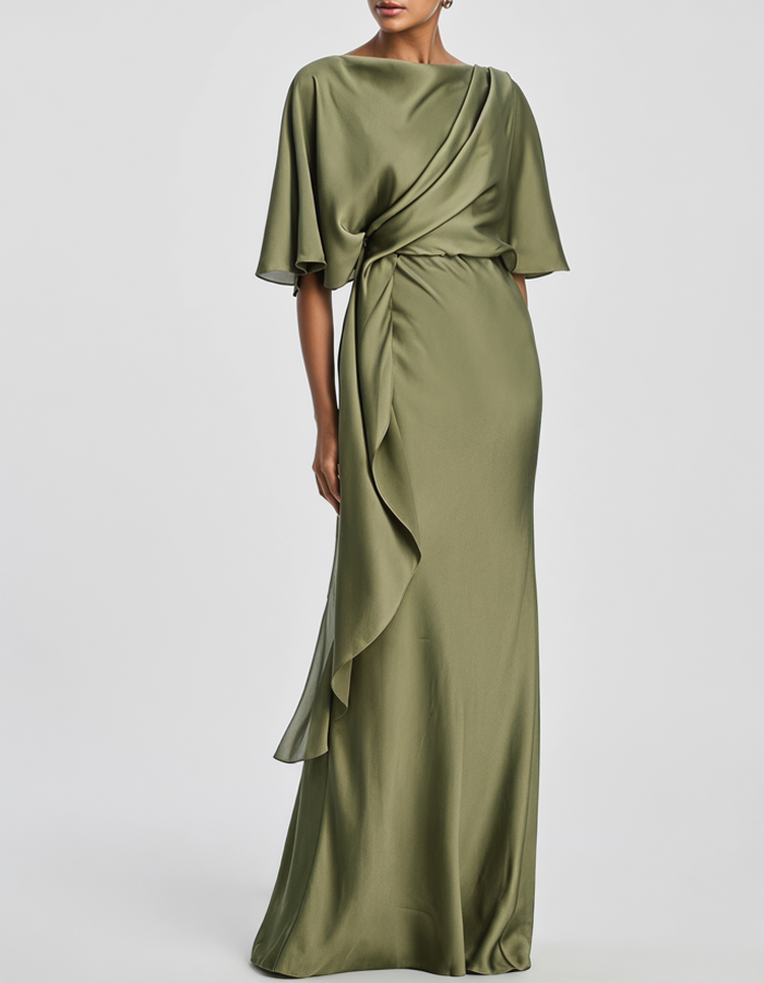 Olive Green Draped Satin Evening Gown, Maxi Length