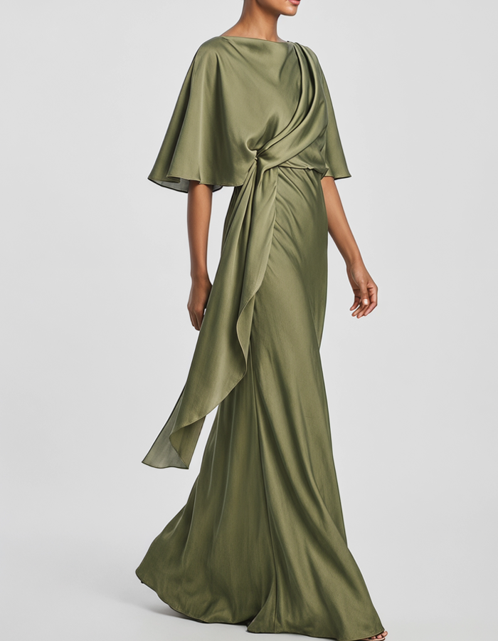 Olive Green Draped Satin Evening Gown, Maxi Length