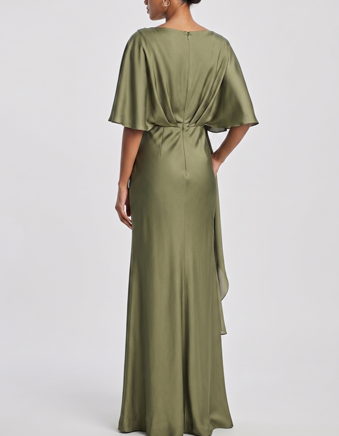 Olive Green Draped Satin Evening Gown, Maxi Length