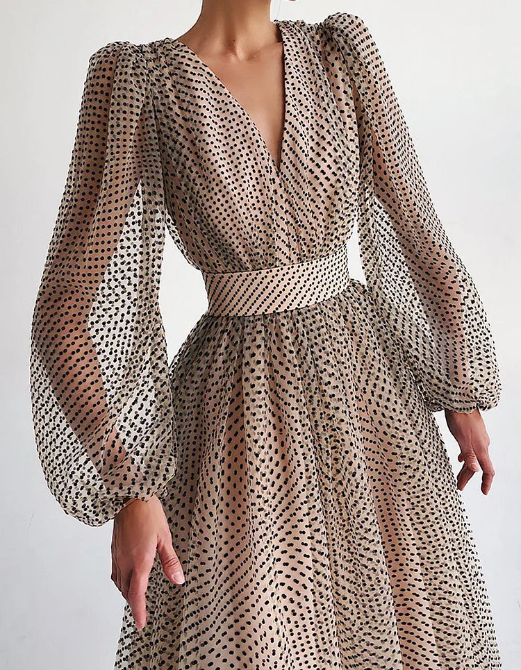 Chiffon Polkadot V-Neck Midi Dress with Fitted Waist and Puff Sleeves