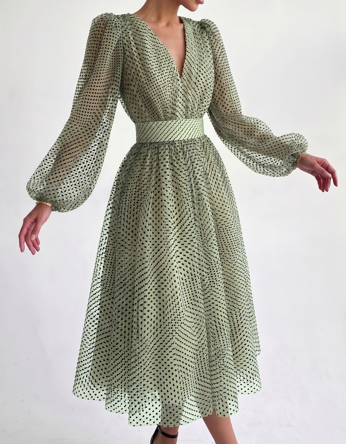 Chiffon Polkadot V-Neck Midi Dress with Fitted Waist and Puff Sleeves