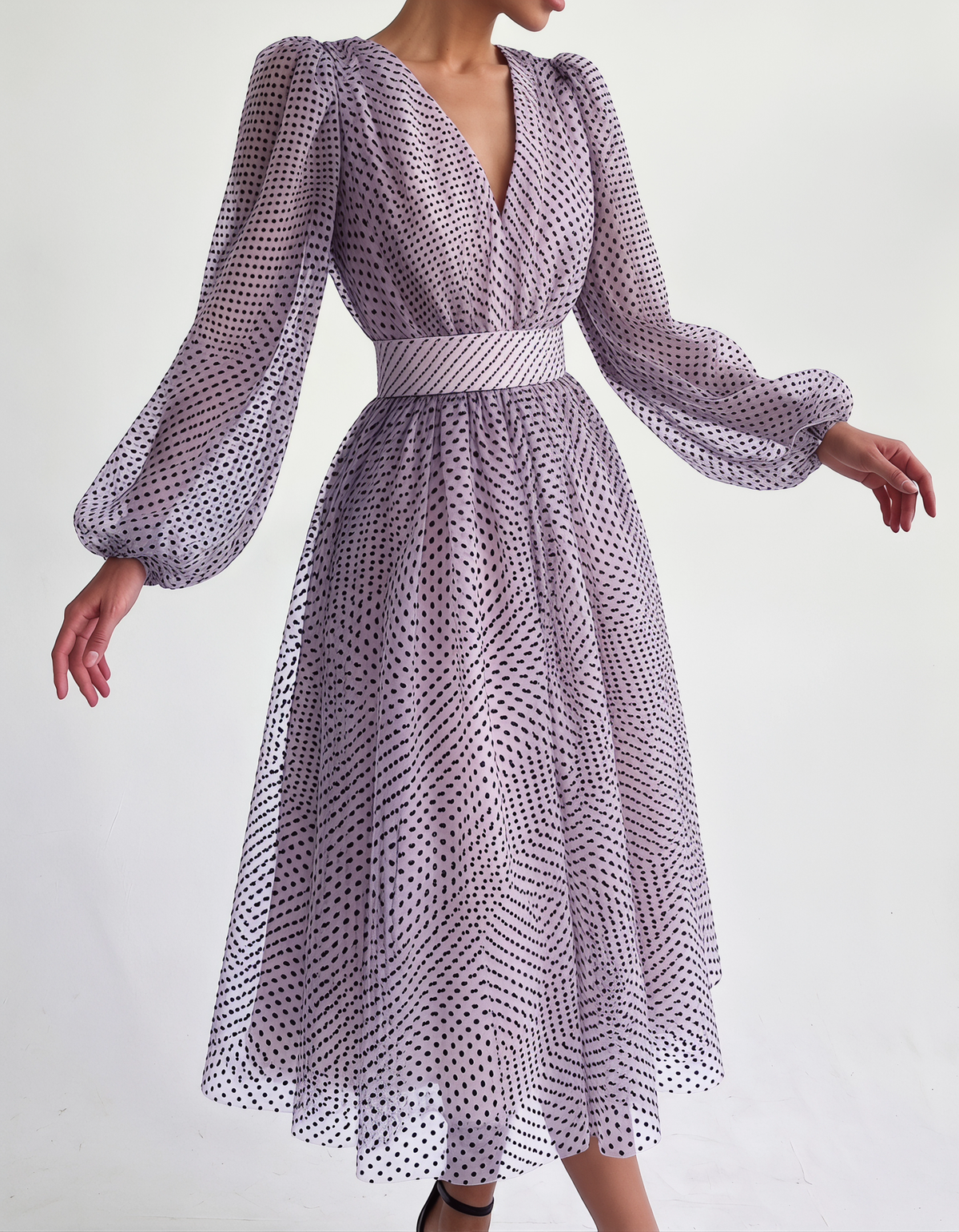 Chiffon Polkadot V-Neck Midi Dress with Fitted Waist and Puff Sleeves