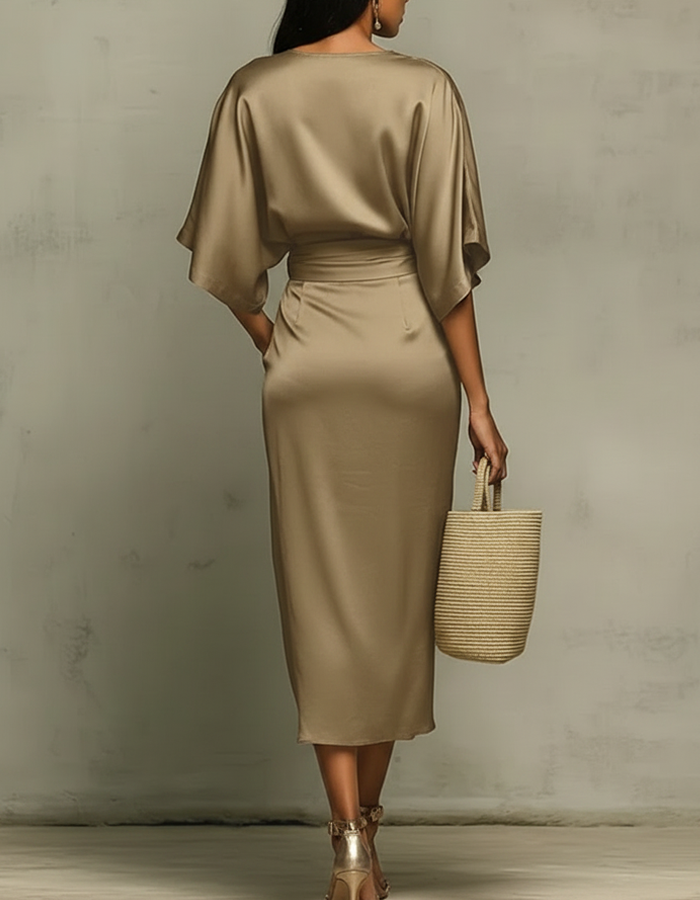 Multicolored satin midi dress with draping