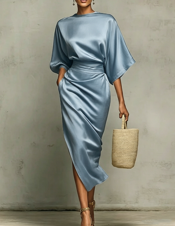 Multicolored satin midi dress with draping