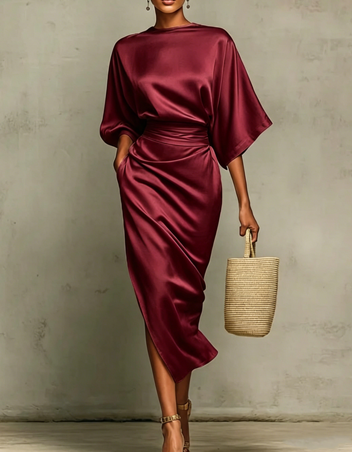 Multicolored satin midi dress with draping