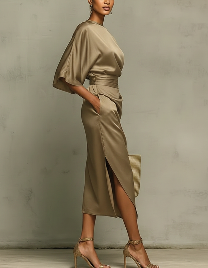 Multicolored satin midi dress with draping