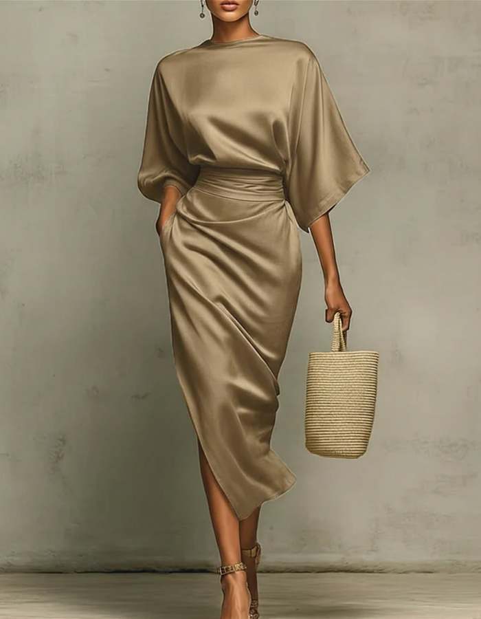 Multicolored satin midi dress with draping