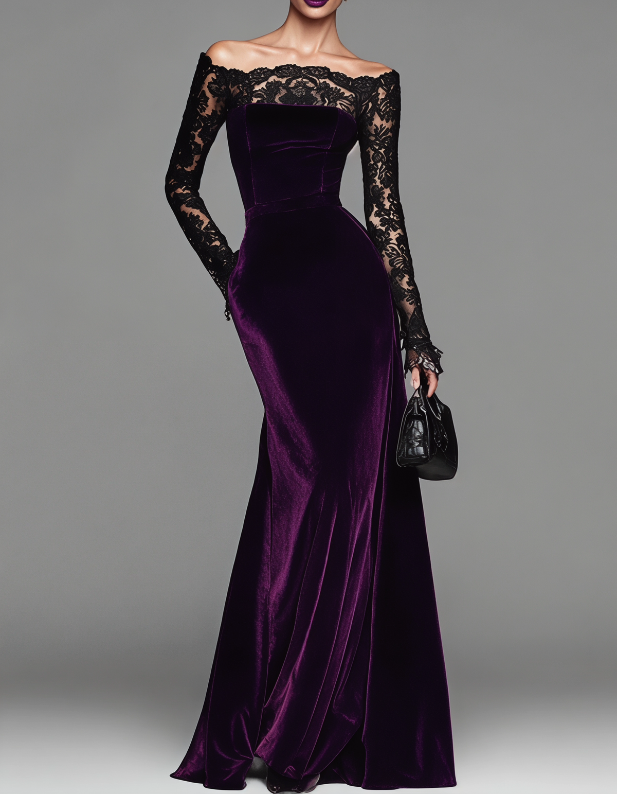 Velvet Lace Off-Shoulder Bodycon Fishtail Maxi Dress