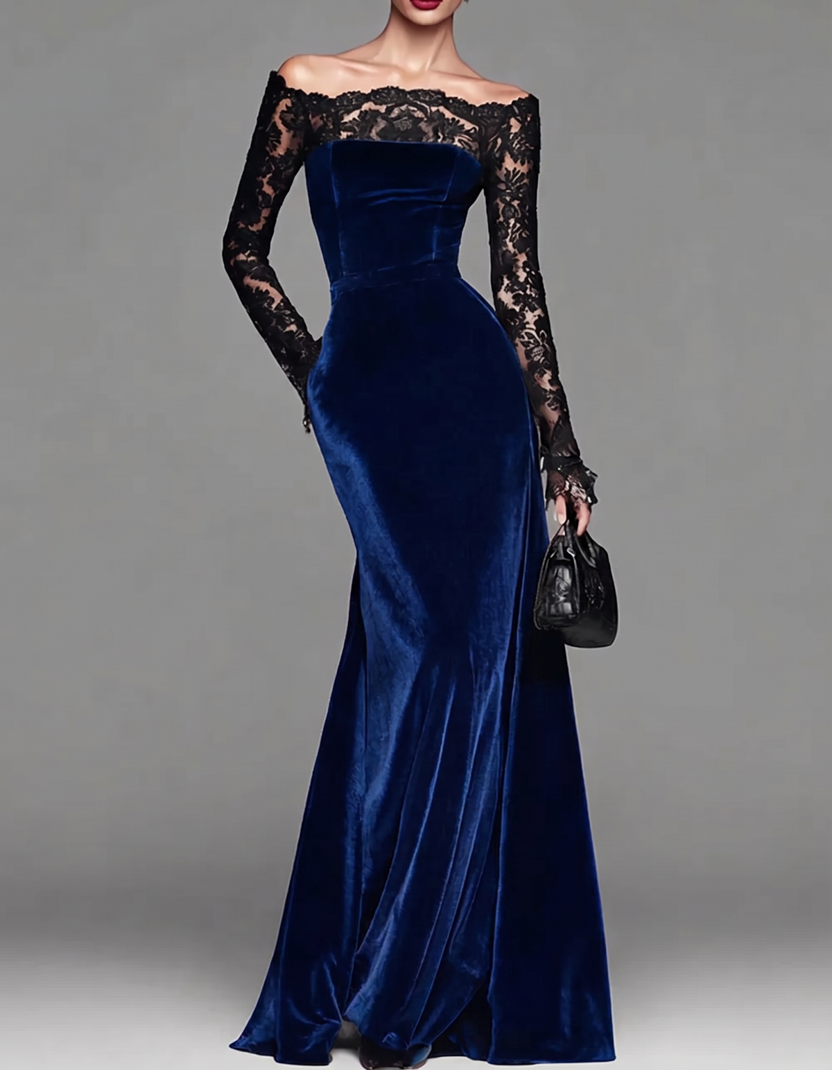 Velvet Lace Off-Shoulder Bodycon Fishtail Maxi Dress