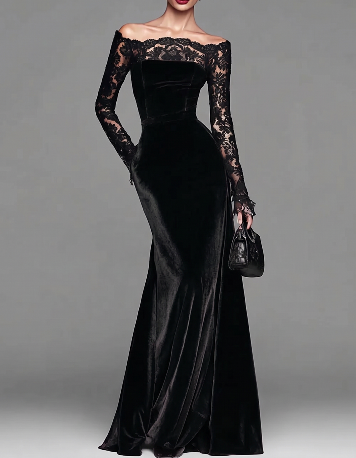 Velvet Lace Off-Shoulder Bodycon Fishtail Maxi Dress