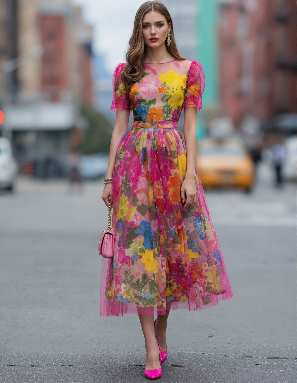 Watercolor Floral Tulle Midi Dress
