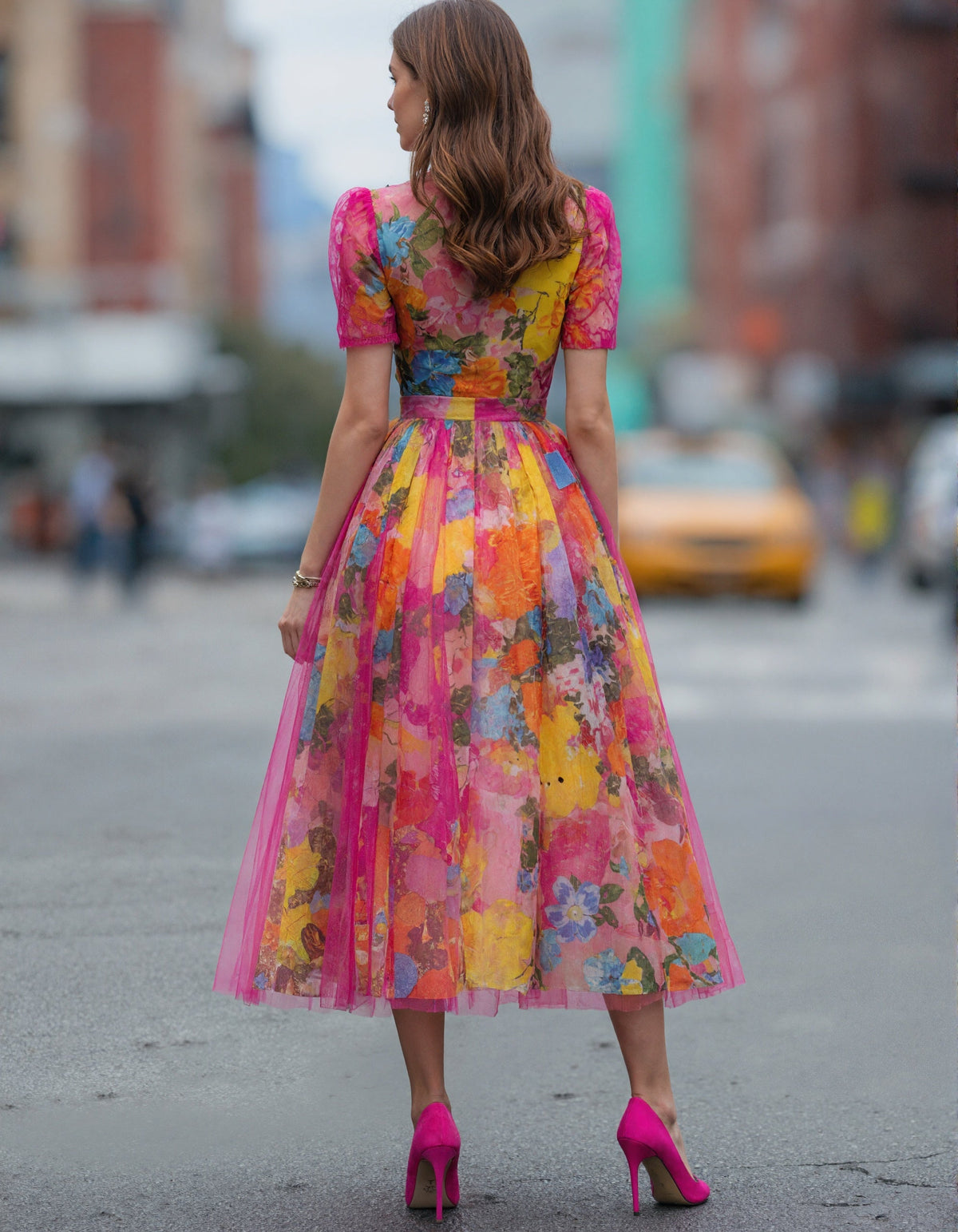 Watercolor Floral Tulle Midi Dress
