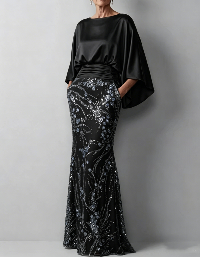 Maxi dress in satin with cape sleeves in champagne color