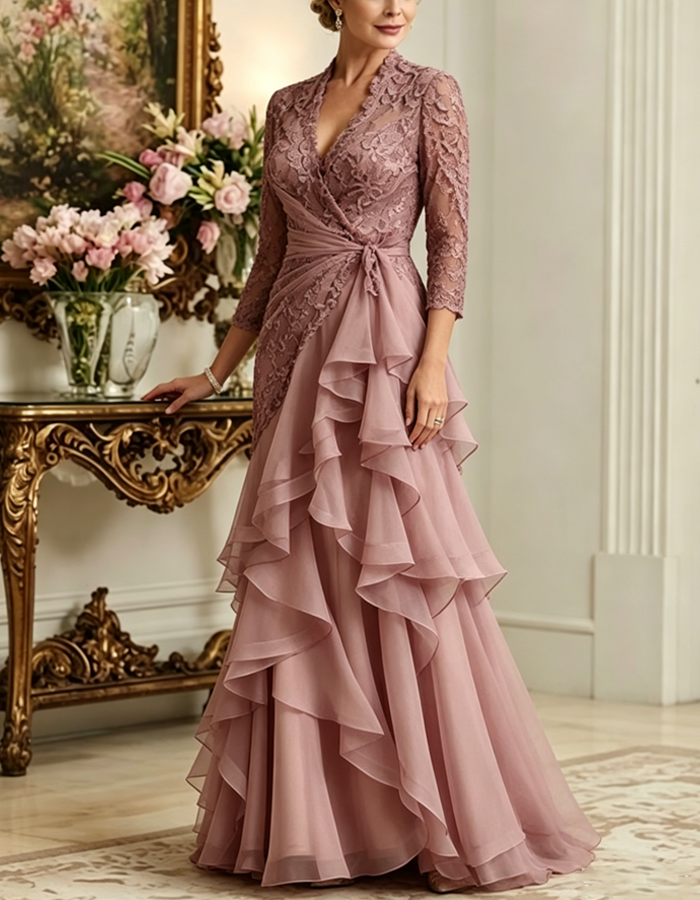 Gray-pink lace chiffon layered maxi dress