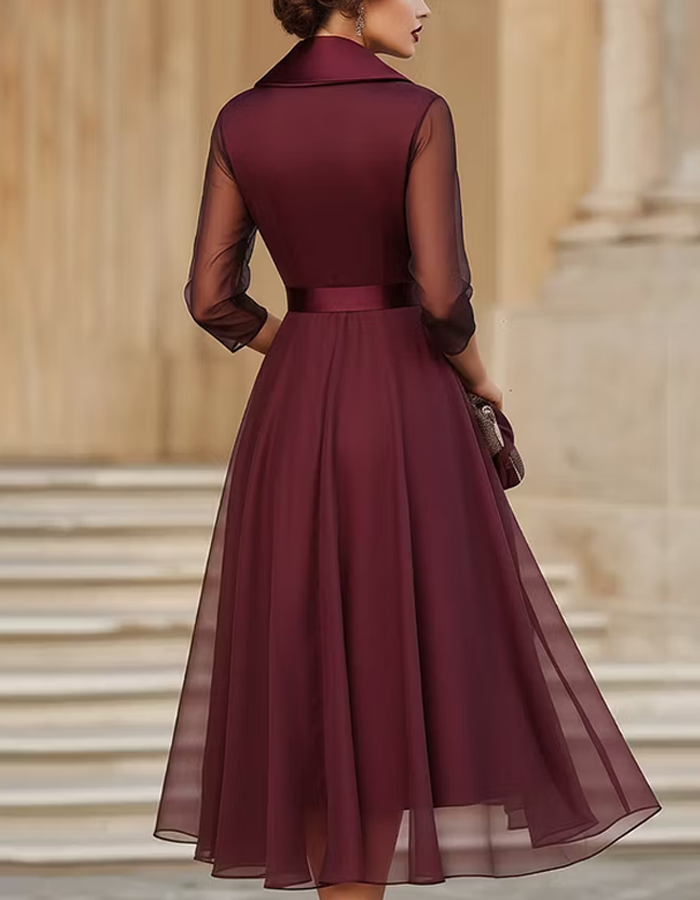 Bordeaux Satin Tulle Midi Dress