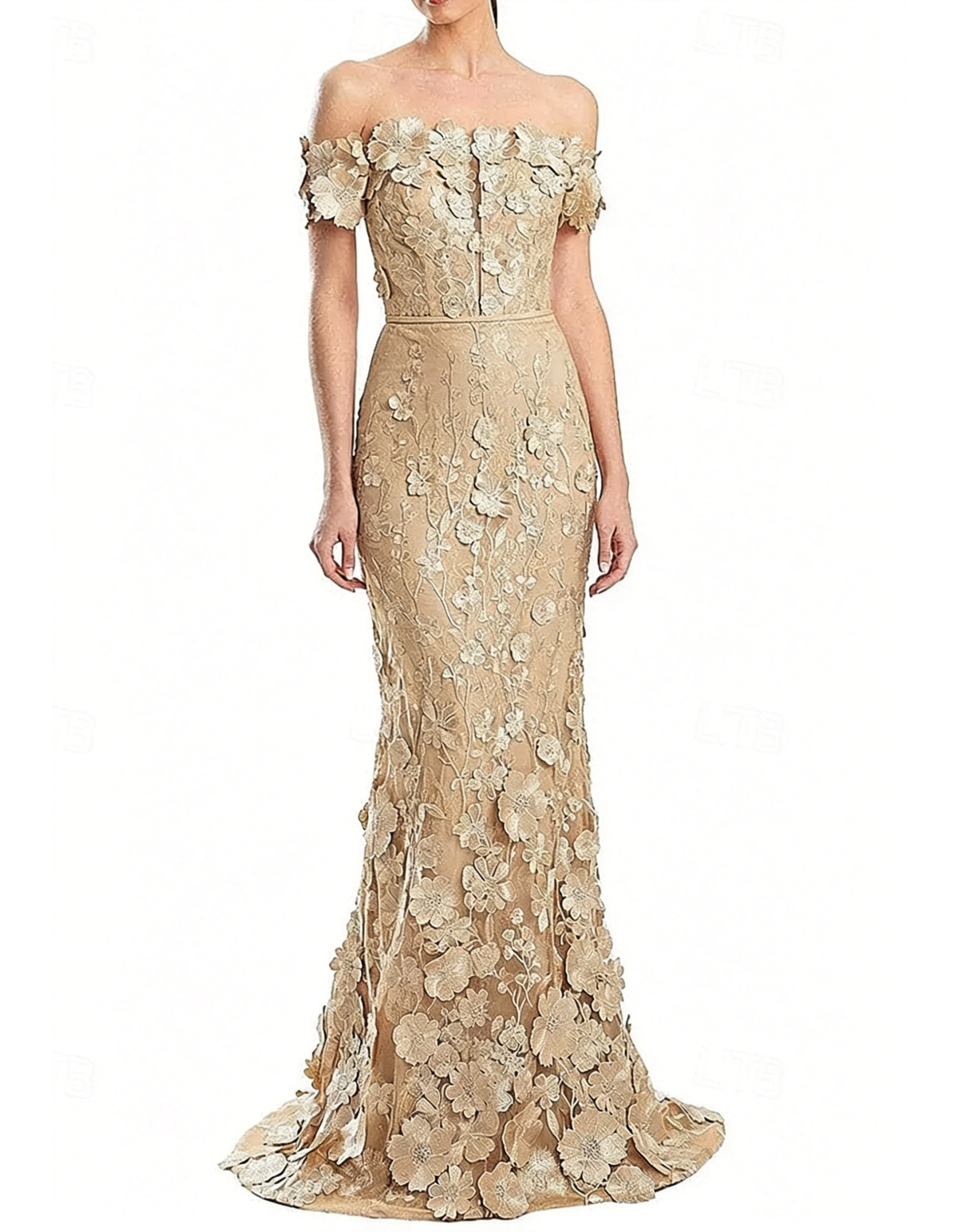 Off-shoulder maxi dress with lace embroidery and fishtail