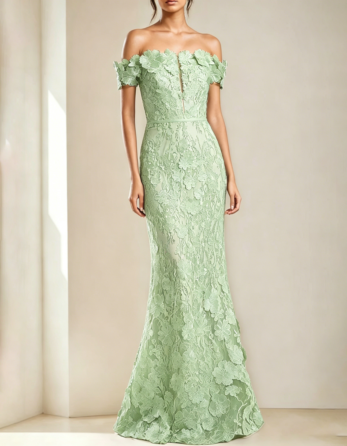 Off-shoulder maxi dress with lace embroidery and fishtail