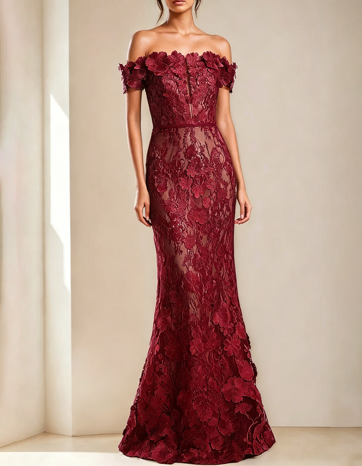 Off-shoulder maxi dress with lace embroidery and fishtail