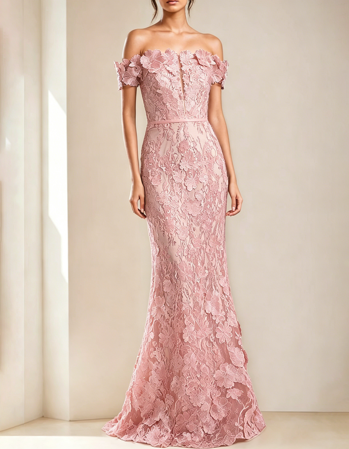 Off-shoulder maxi dress with lace embroidery and fishtail