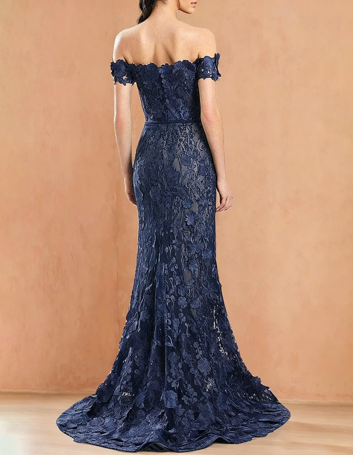 Off-shoulder maxi dress with lace embroidery and fishtail