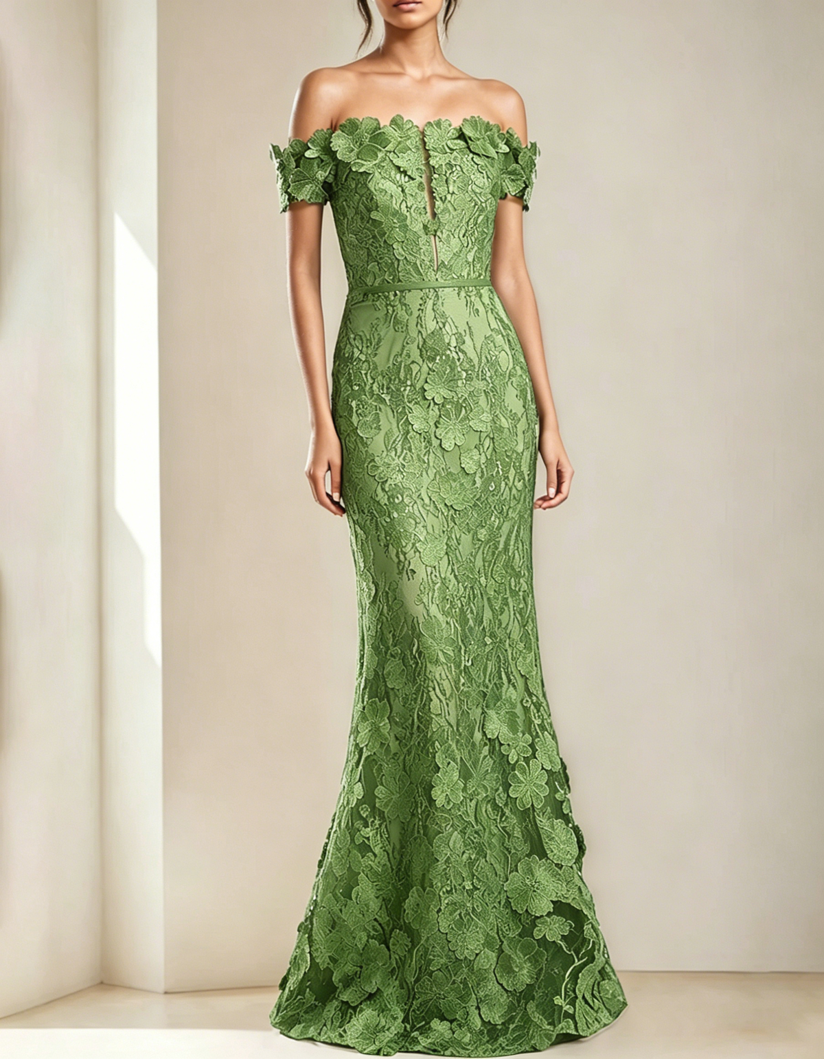 Off-shoulder maxi dress with lace embroidery and fishtail
