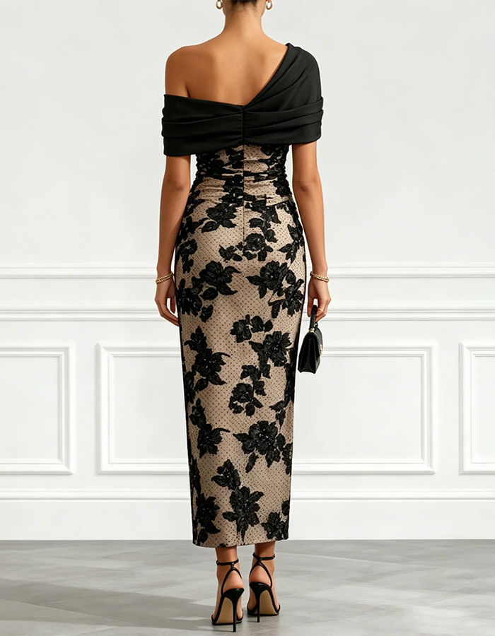 Black and nude maxi dress with floral lace and one shoulder