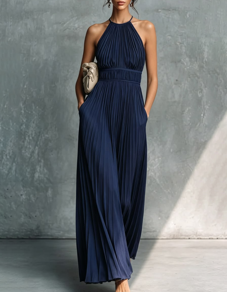 Marine blue halter maxi dress with pleated chiffon and fitted waist