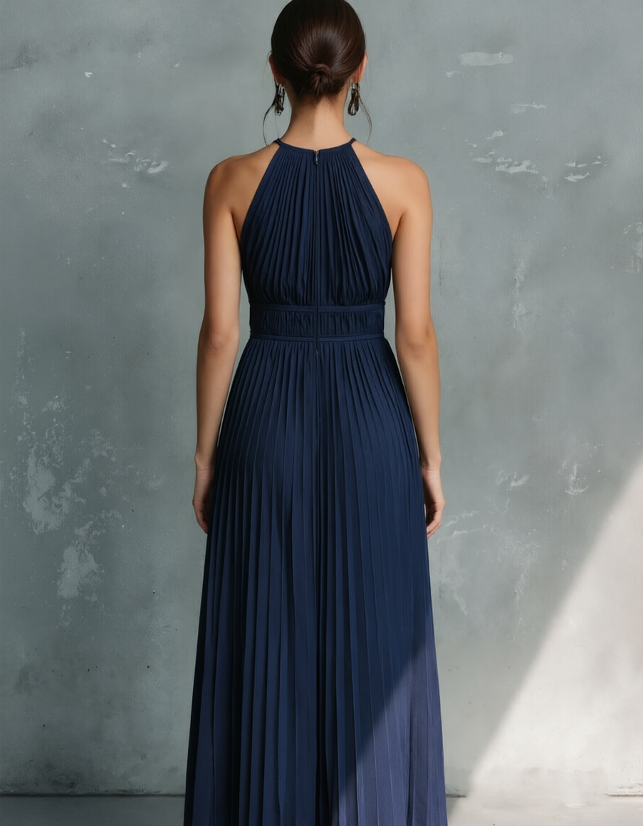 Marine blue halter maxi dress with pleated chiffon and fitted waist
