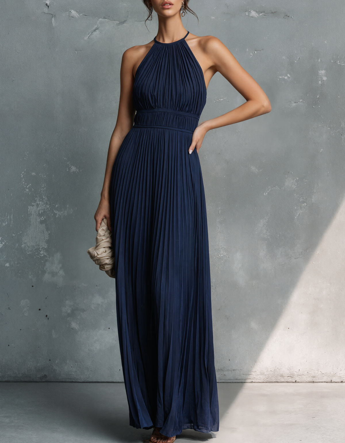 Marine blue halter maxi dress with pleated chiffon and fitted waist