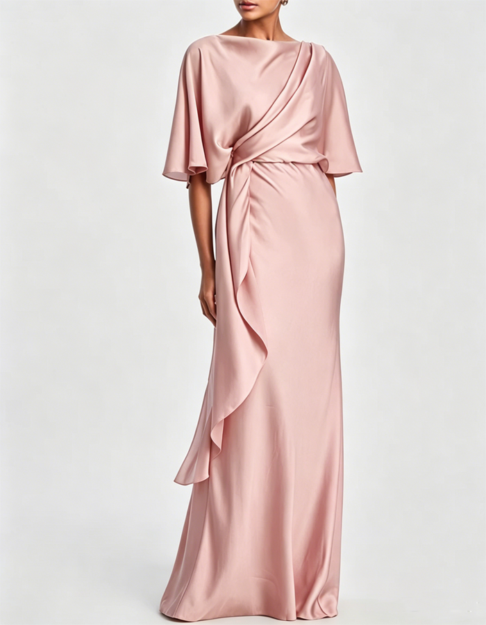 Olive Green Draped Satin Evening Gown, Maxi Length