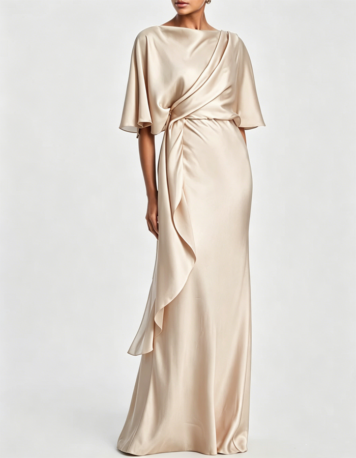 Olive Green Draped Satin Evening Gown, Maxi Length