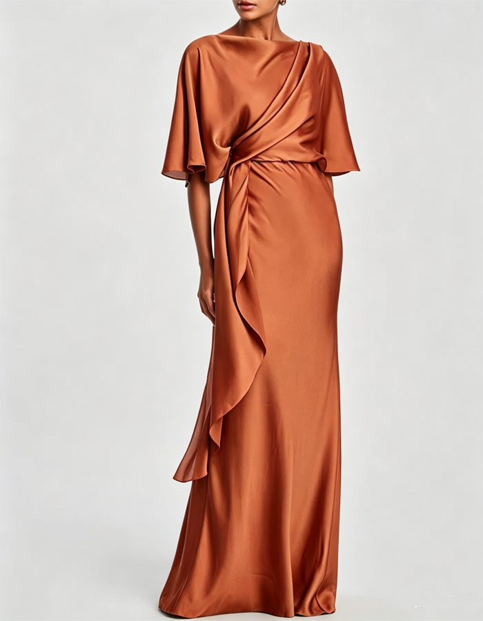 Olive Green Draped Satin Evening Gown, Maxi Length