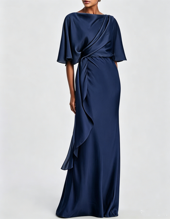 Olive Green Draped Satin Evening Gown, Maxi Length
