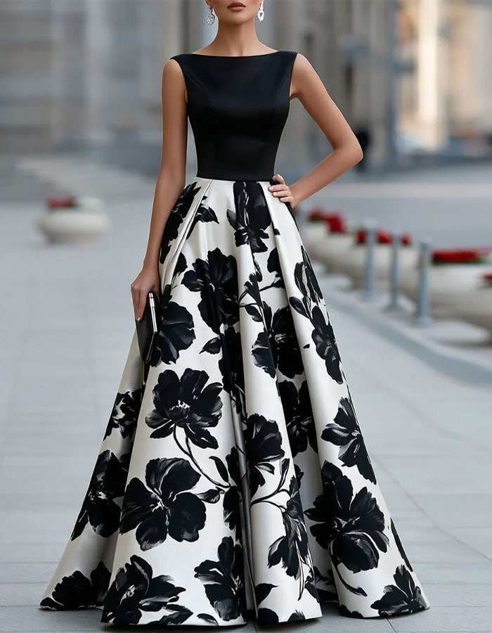 Black Satin Maxi Dress with Print