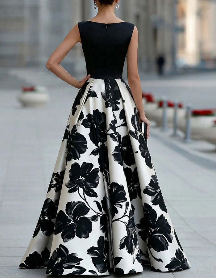 Black Satin Maxi Dress with Print