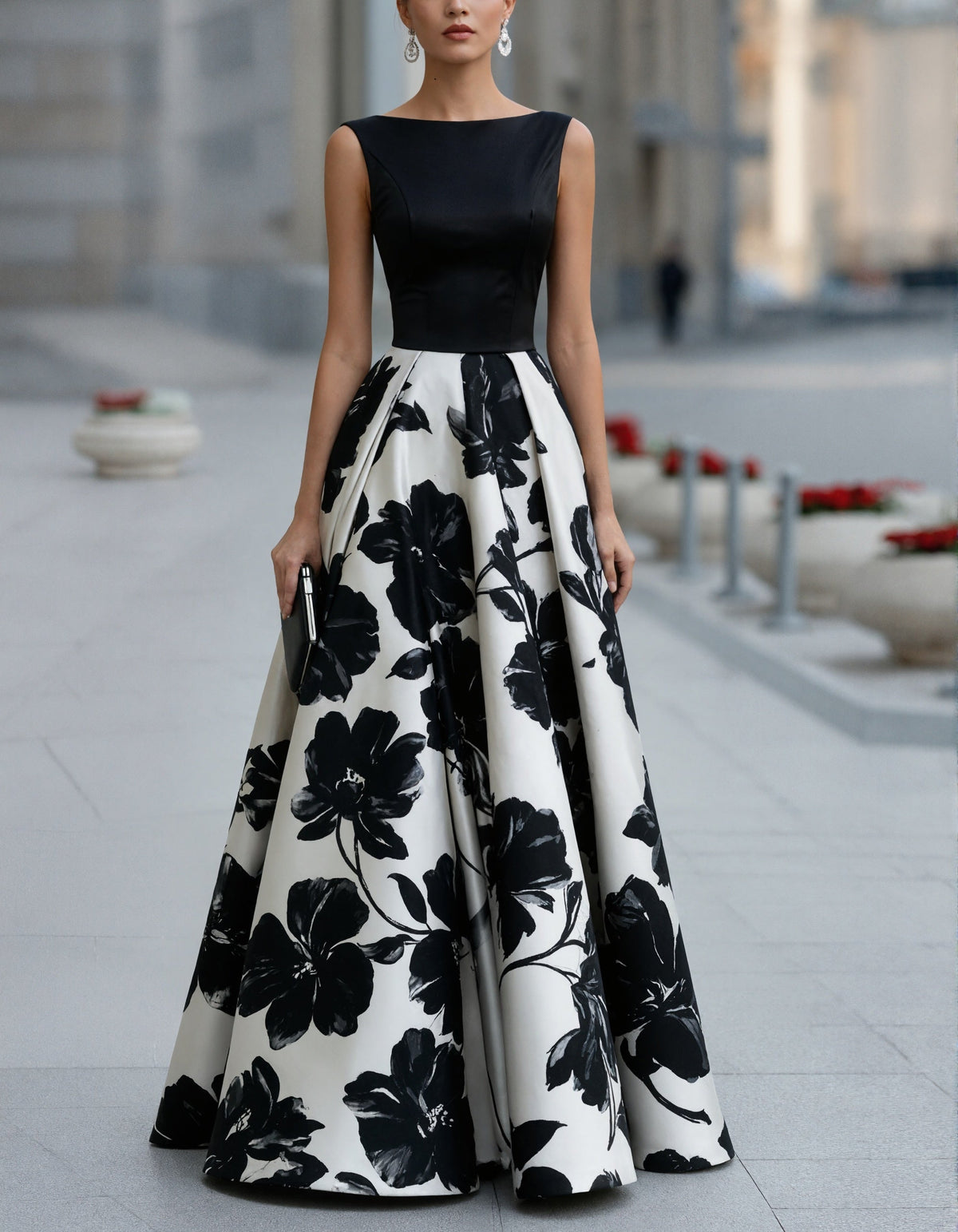 Black Satin Maxi Dress with Print