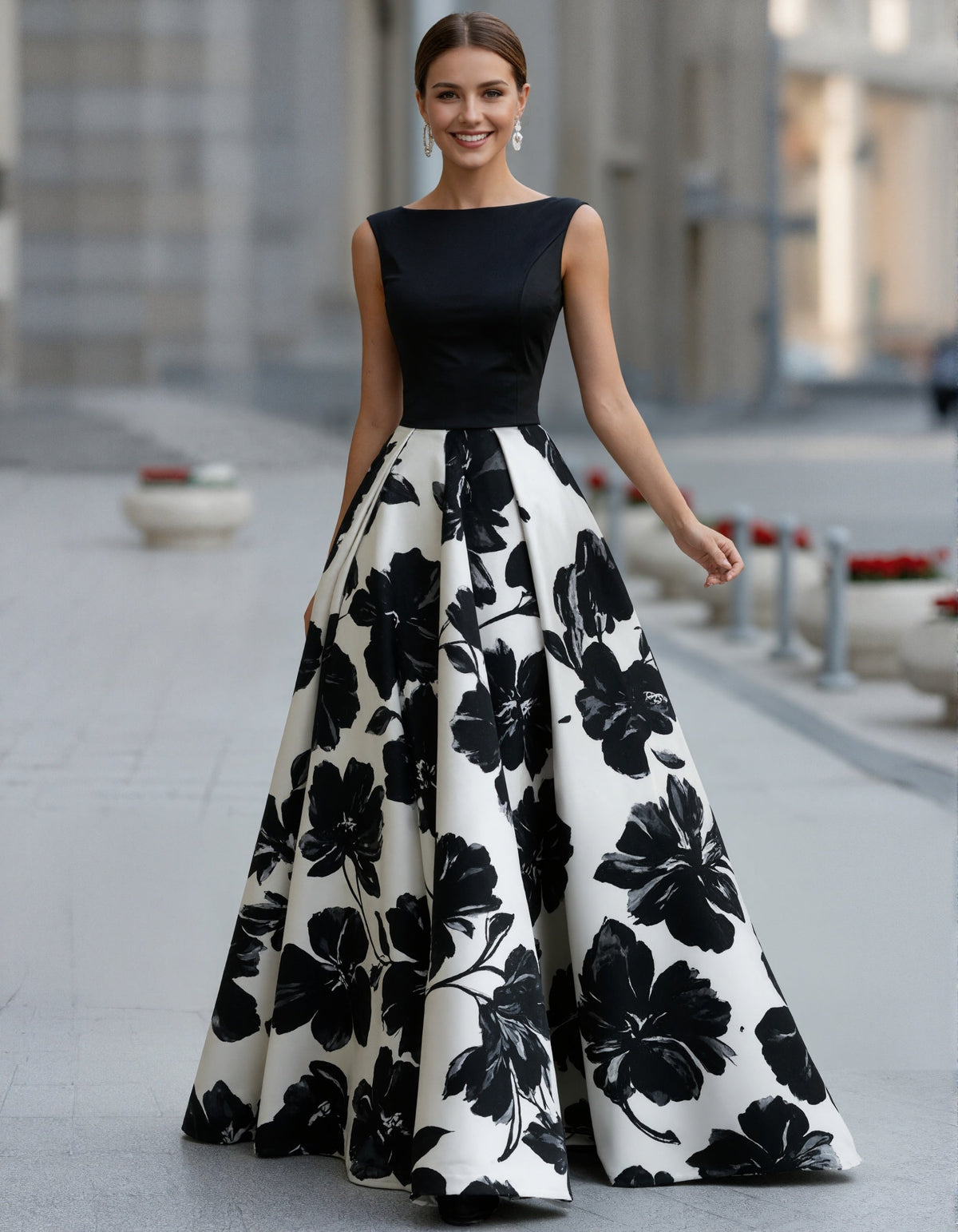 Black Satin Maxi Dress with Print