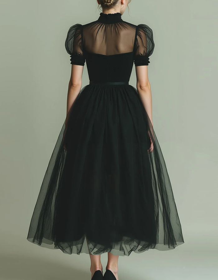Midi dress made of tulle with high neckline