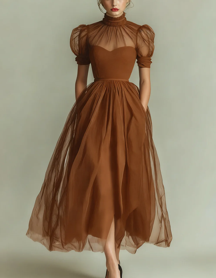 Midi dress made of tulle with high neckline