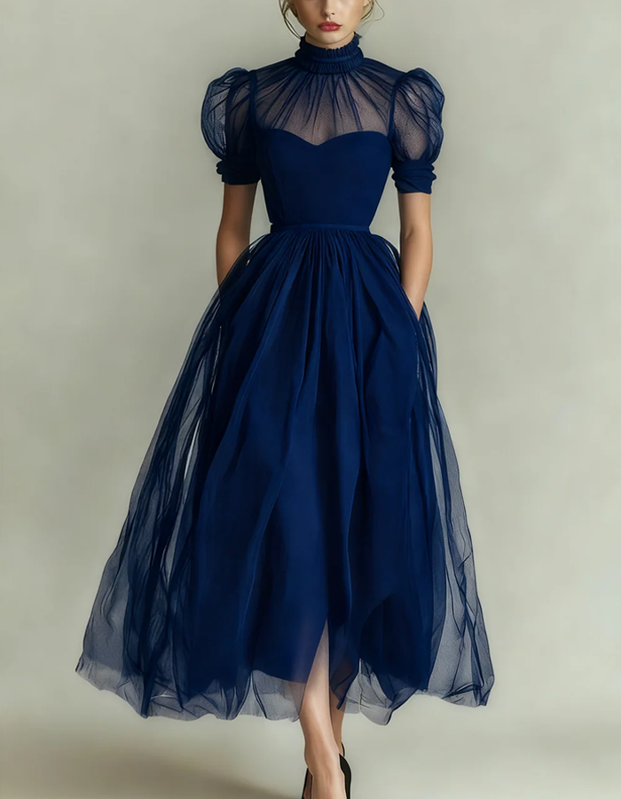 Midi dress made of tulle with high neckline