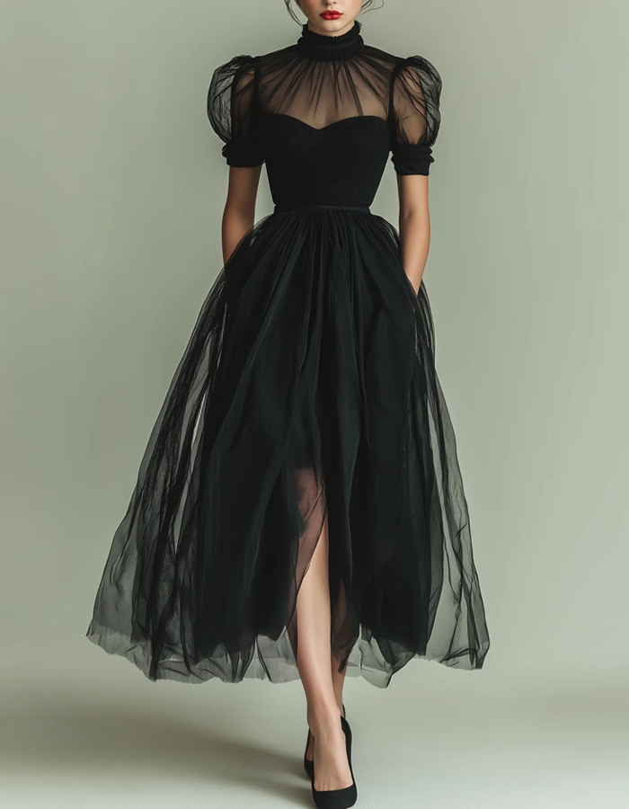 Midi dress made of tulle with high neckline