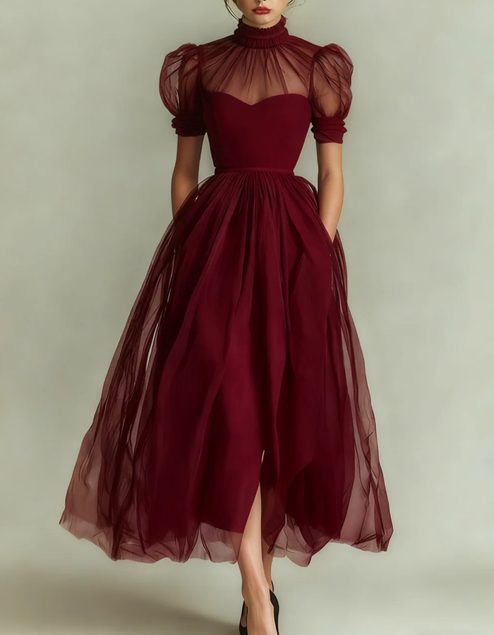 Midi dress made of tulle with high neckline