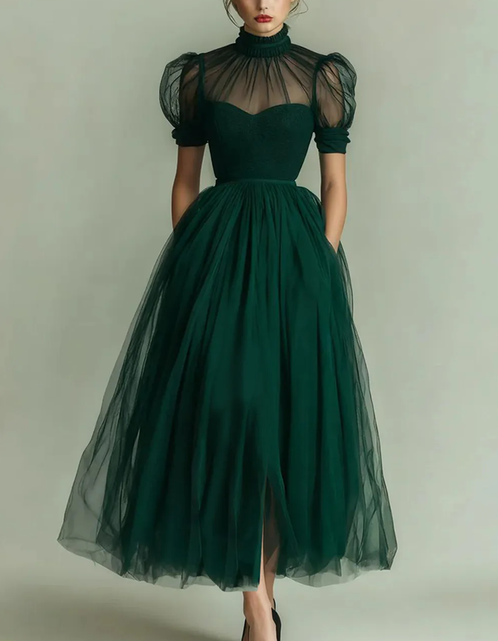Midi dress made of tulle with high neckline