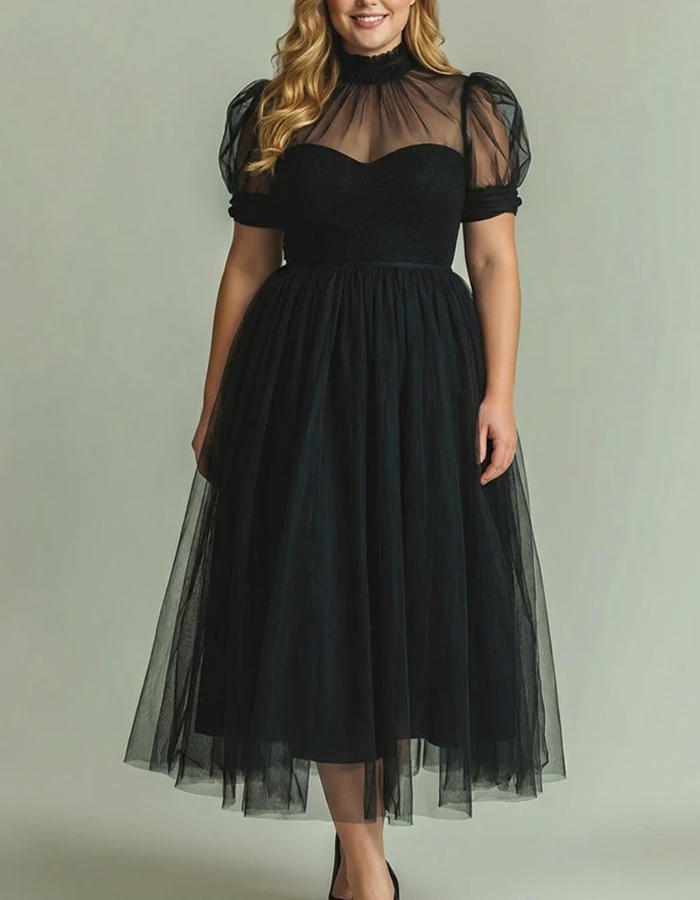Midi dress made of tulle with high neckline