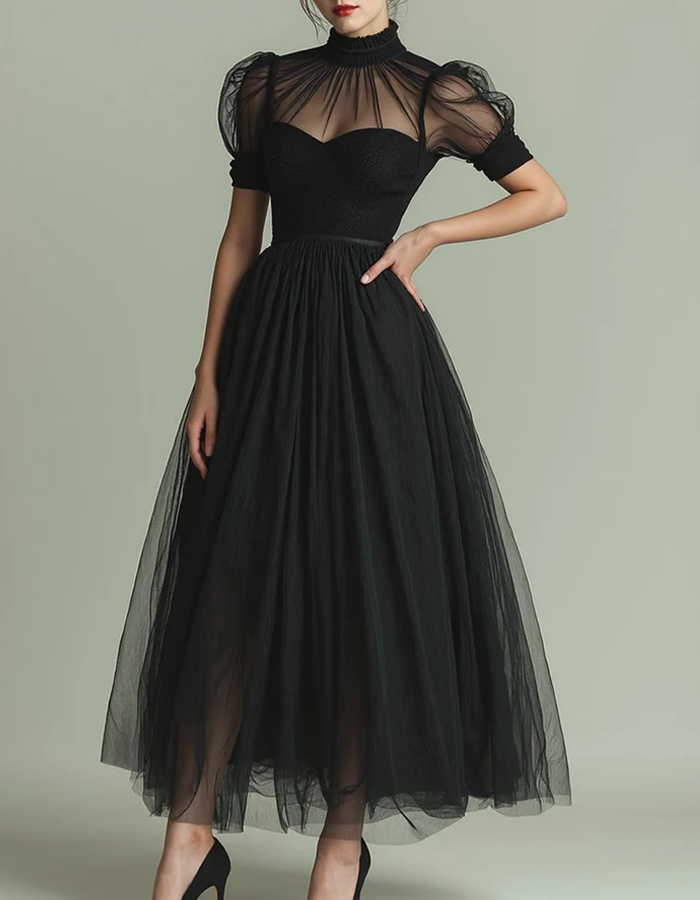 Midi dress made of tulle with high neckline