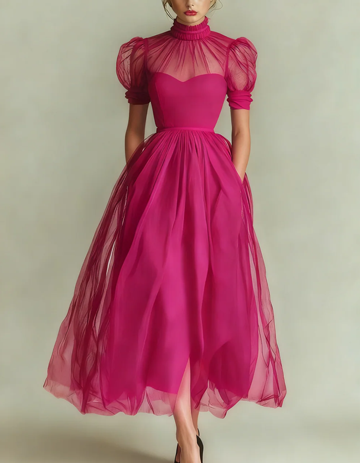 Midi dress made of tulle with high neckline