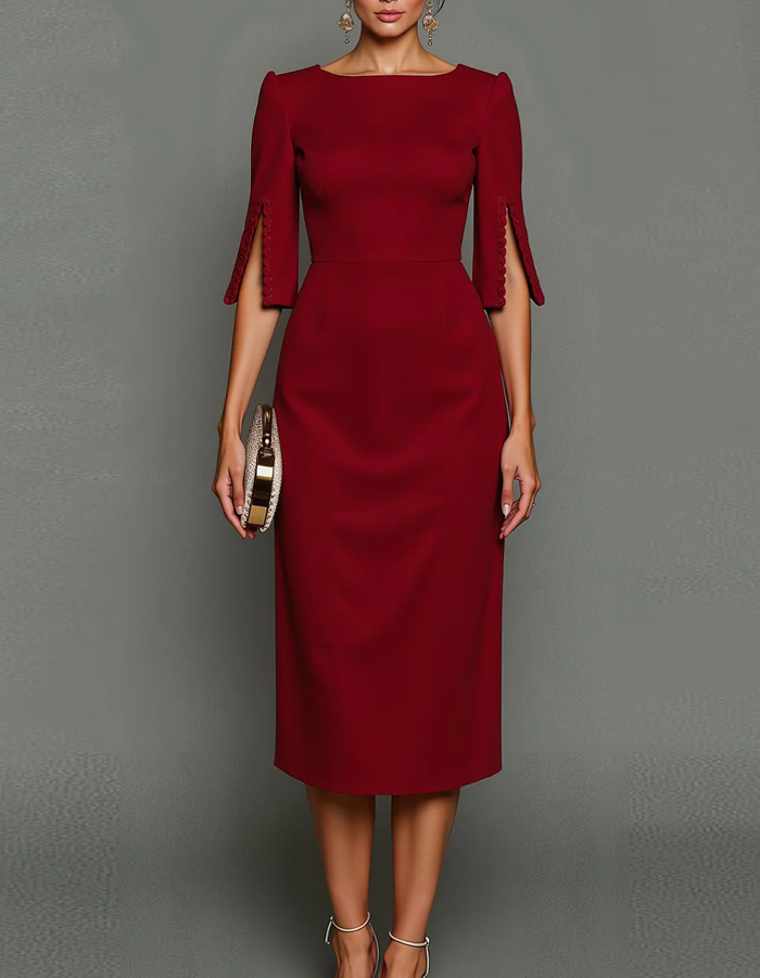 Midi dress with boat neckline and three-quarter sleeves