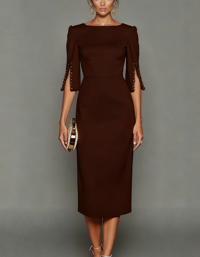 Midi dress with boat neckline and three-quarter sleeves