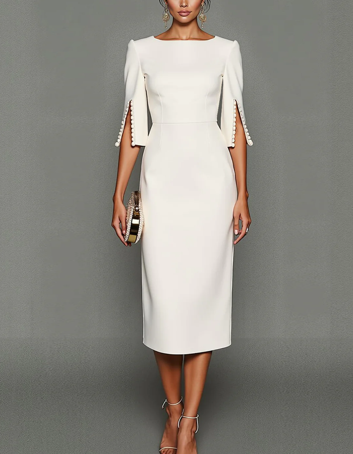 Midi dress with boat neckline and three-quarter sleeves